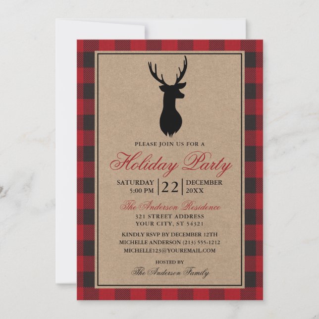 Red Plaid Rustic Holiday Party Kraft Invitation (Front)