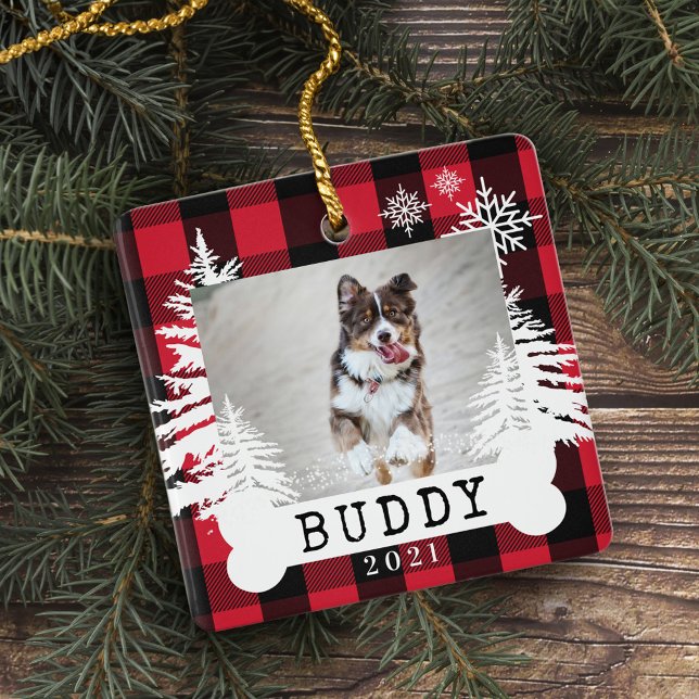 Red Plaid Rustic Pine Trees Dog Bone Pet Photo Ceramic Ornament (Red Plaid Rustic Pine Trees Dog Bone Pet Photo Ceramic Ornament)