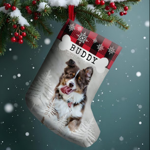 Red Plaid Rustic Pine Trees Dog Bone Pet Photo Small Christmas Stocking