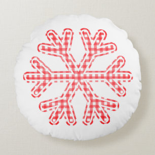 Red Plaid Rustic Snowflake Christmas Holiday Round Cushion