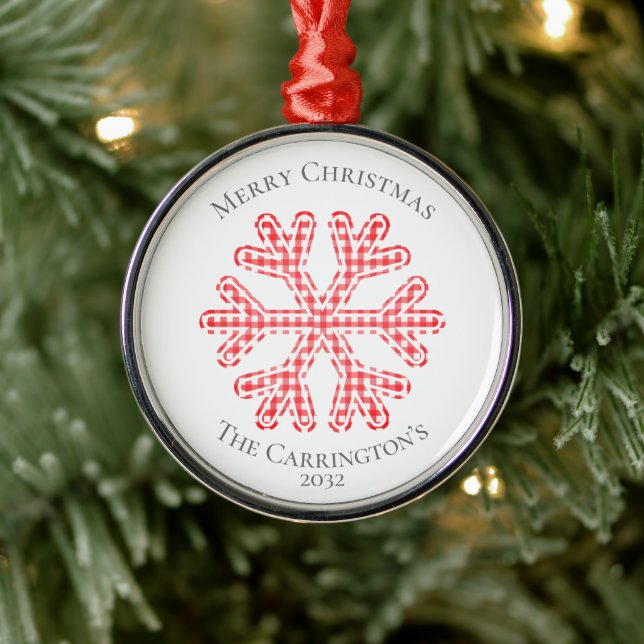 Red Plaid Rustic Snowflake Merry Christmas Name Metal Tree Decoration (Tree)