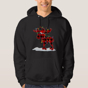 Red Plaid Santa Moose Xmas Lights Animal Lover Fam Hoodie
