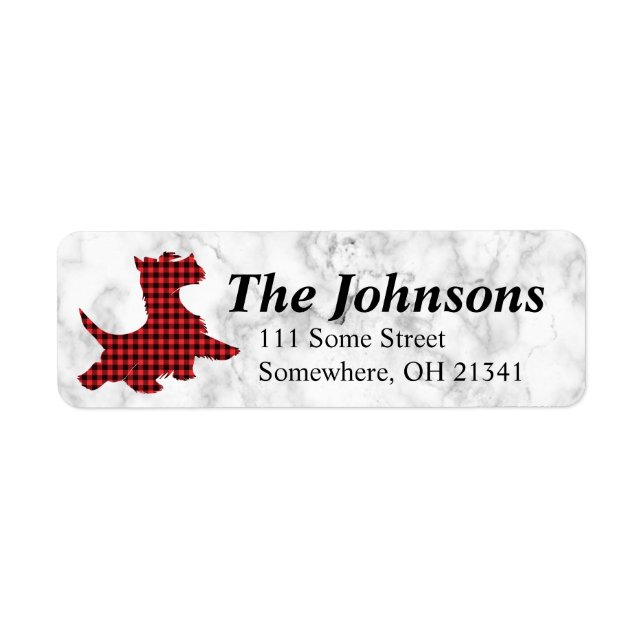 Red Plaid Scottie Dog White Marble Address Label (Front)