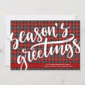 Red Plaid Script SEASONS GREETINGS Holiday Card (Front)