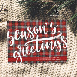Red Plaid Script SEASONS GREETINGS Holiday Card<br><div class="desc">Snowy red and black plaid with a large SEASONS GREETINGS title in a modern script typography. The back side offers a place to include additional text or simply delete the sample text to leave the area blank.Contact the designer if you'd like this design modified or on another product.</div>