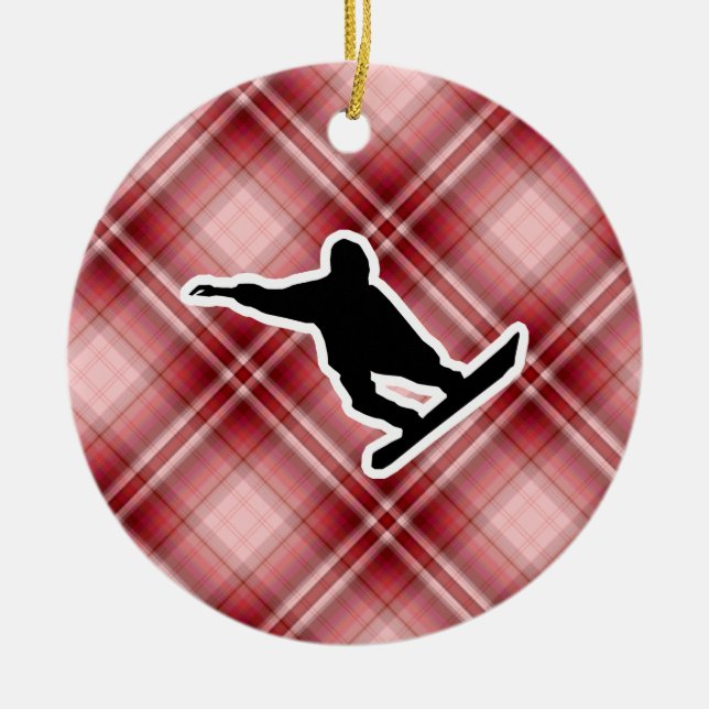 Red Plaid Snowboarding Ceramic Tree Decoration (Front)