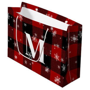 Red Plaid & Snowflakes Monogram Initial Winter Large Gift Bag