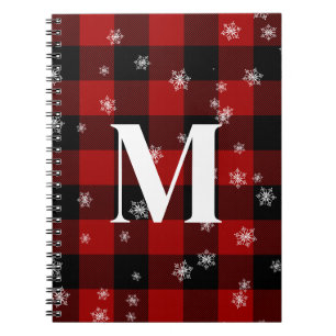 Red Plaid & Snowflakes Monogram Initial Winter Notebook