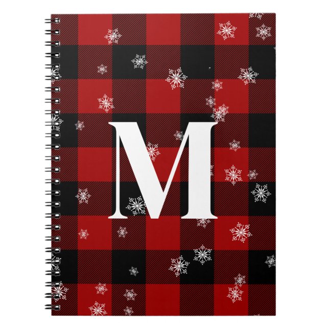 Red Plaid & Snowflakes Monogram Initial Winter Notebook (Front)