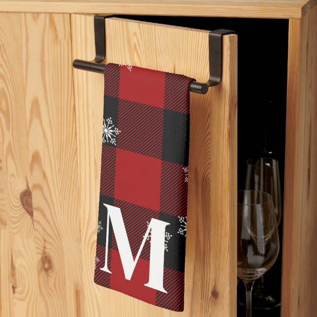 Red Plaid & Snowflakes Monogram Initial Winter Tea Towel (Thirds Fold)