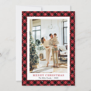 Red Plaid Snowy Photo Merry Christmas Card