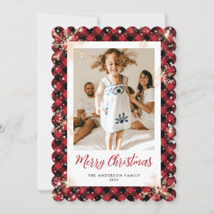 Red Plaid Sparkly Snowflakes Photo Merry Christmas Holiday Card
