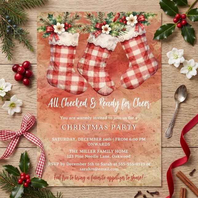 Red Plaid Stocking Potluck Christmas Party Invitation (Creator Uploaded)