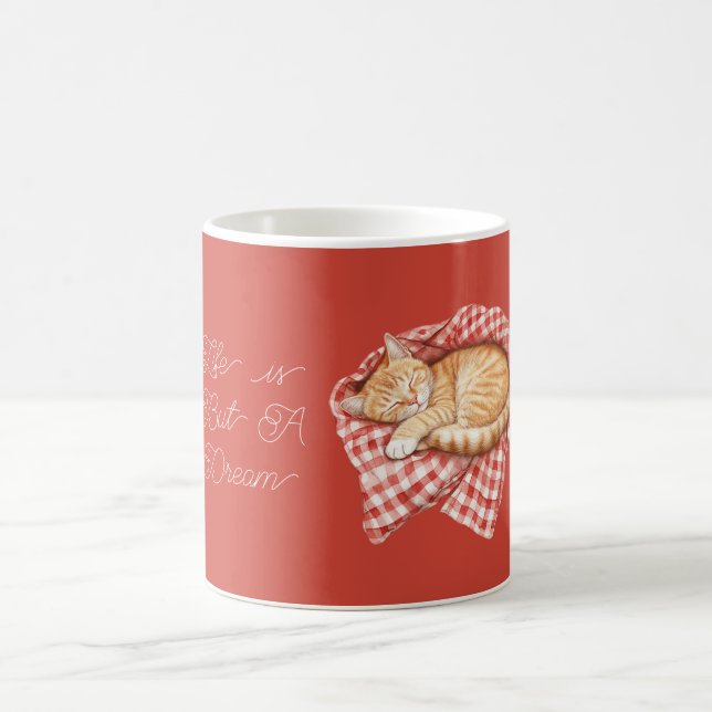 Red Plaid Stripes Blanket Orange Cat Coffee Mug (Center)