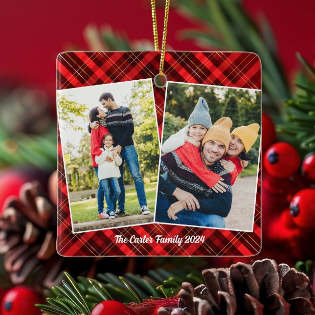 Red Plaid Tartan Christmas 2 Family Photo Ceramic Ornament (Creator Uploaded)