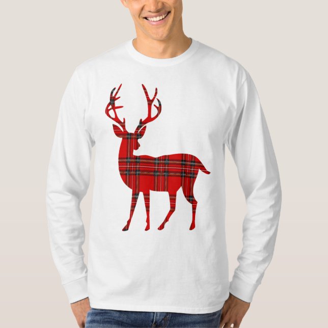 Red Plaid Tartan Christmas Deer T-Shirt (Front)