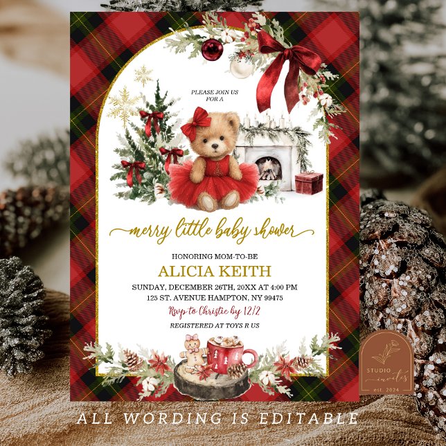 Red Plaid Tartan Christmas Luxury Bear Girl Invitation (Creator Uploaded)