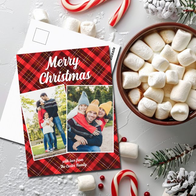 Red Plaid Tartan Merry Christmas 2 Family Photo Holiday Postcard (Creator Uploaded)