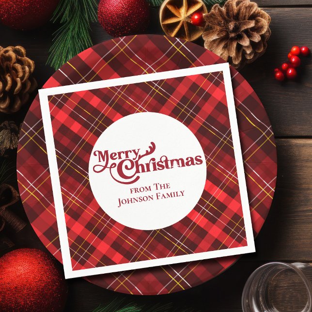 Red Plaid Tartan Merry Christmas Custom Party Napkin (Creator Uploaded)