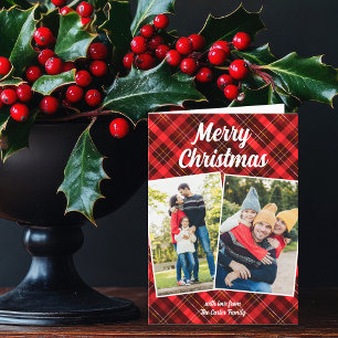 Red Plaid Tartan Merry Christmas Letter Photo Holiday Card