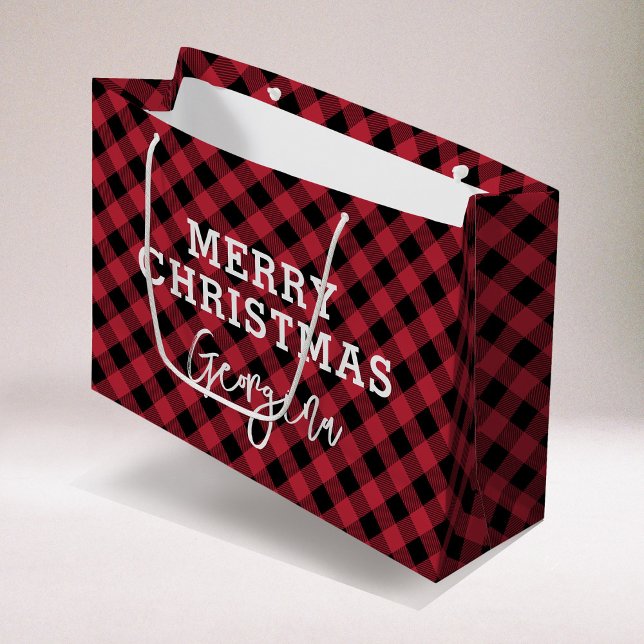 Red Plaid Tartan Name Christmas Large Gift Bag (Creator Uploaded)