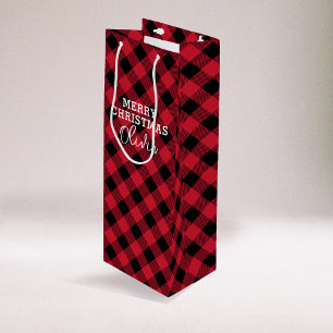 Red Plaid Tartan Name Christmas Wine Gift Bag
