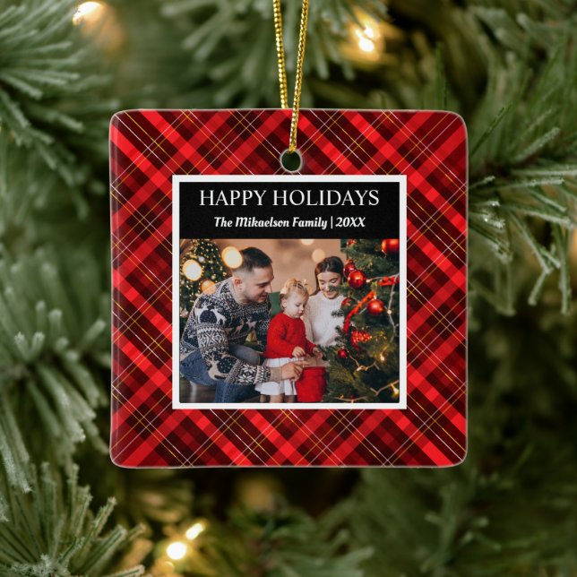 Red Plaid Tartan Photo Merry Christmas Ceramic Ornament (Tree)