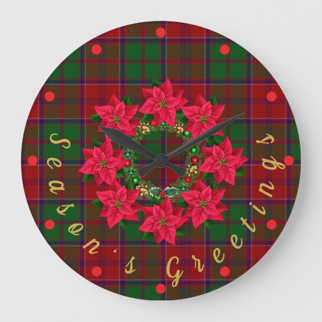 Red Plaid Tartan Poinsettia Christmas  Large Clock (Front)