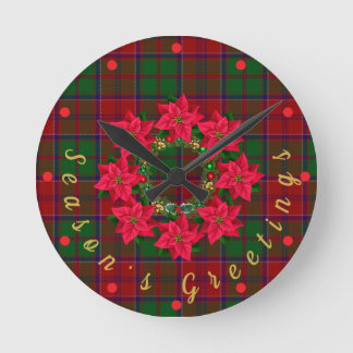Red Plaid Tartan Poinsettia Christmas Round Clock