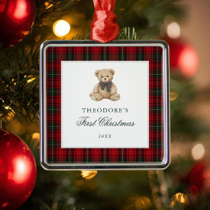 Red Plaid Teddy Bear Baby First Christmas Metal Tree Decoration
