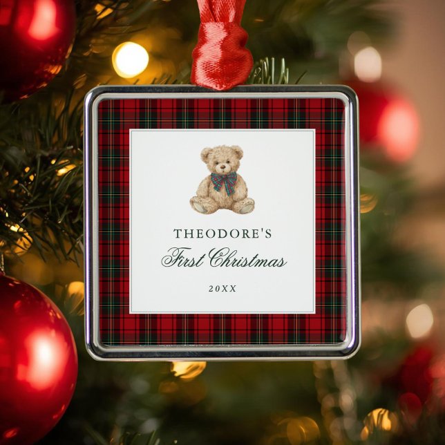 Red Plaid Teddy Bear Baby First Christmas Metal Tree Decoration (Creator Uploaded)
