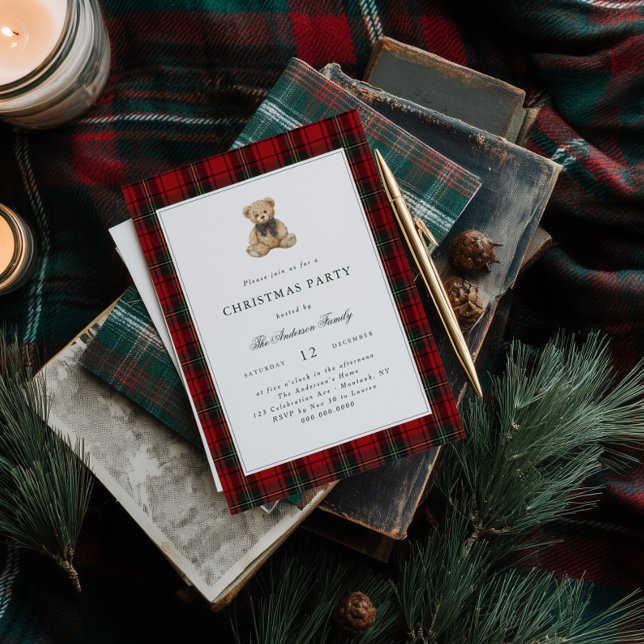 Red Plaid Teddy Bear Christmas Party Invitation (Creator Uploaded)