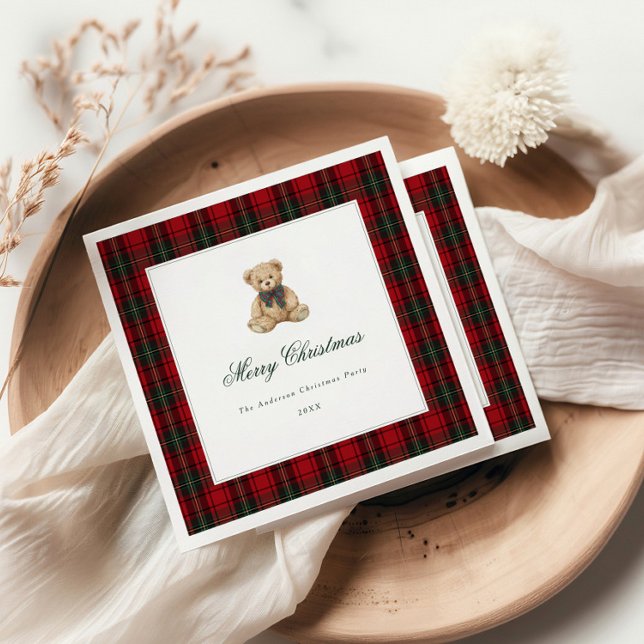 Red Plaid Teddy Bear Christmas Party Napkin (Creator Uploaded)