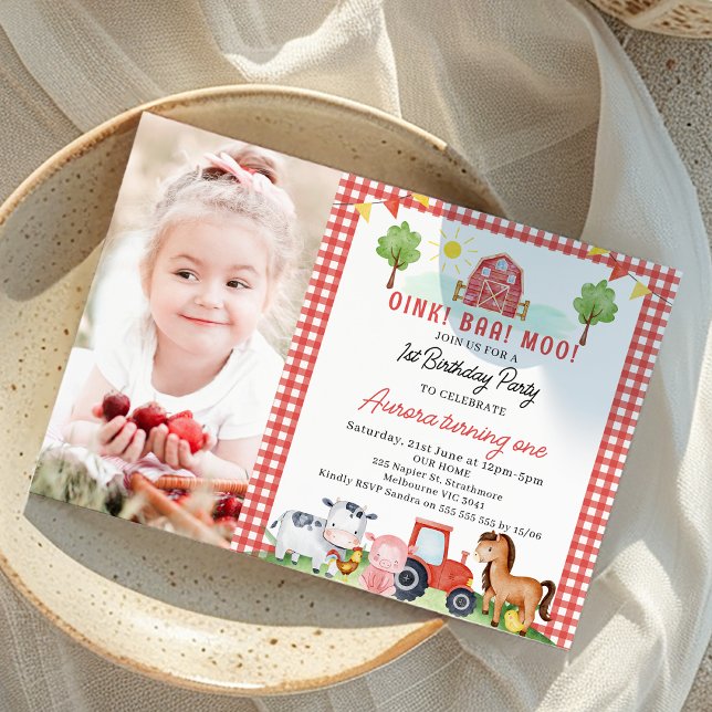 Red Plaid Tractor Farm Animals Birthday Invitation (Photo Red Farm Birthday Invitation For Girl, Barnyard Animals Birthday Invitation, Red Tractor Barn)