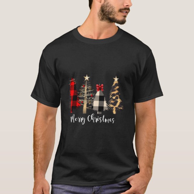 Red Plaid Trees Scene For Christmas T-Shirt (Front)