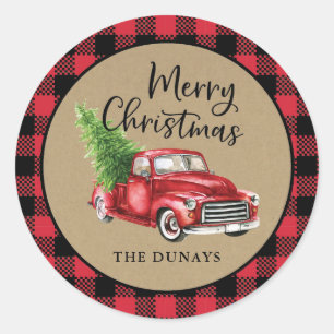 Red Plaid Truck Christmas Sticker