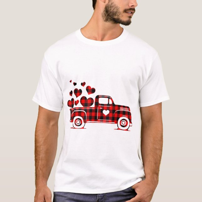 Red Plaid Truck Happy Valentines Day 2023 Couple M T-Shirt (Front)