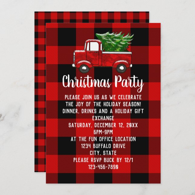 Red Plaid Truck Rustic Country Christmas Party Invitation (Front/Back)