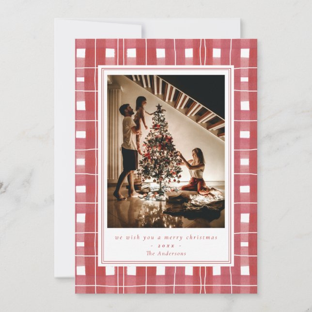 Red Plaid Watercolor Flannel Photo Merry Christmas Holiday Card (Front)