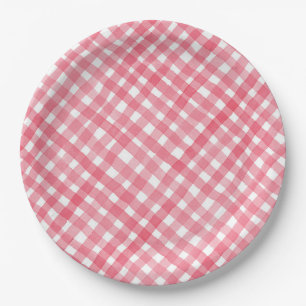 Red Plaid Watercolor Picnic  Paper Plate