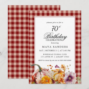 Red Plaid & Watercolor Pumpkins 70th Birthday Invitation