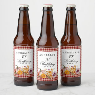 Red Plaid & Watercolor Pumpkins Birthday Party Beer Bottle Label