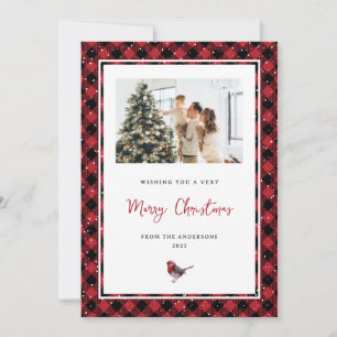 Red Plaid Watercolor Robin Photo Christmas Holiday Card