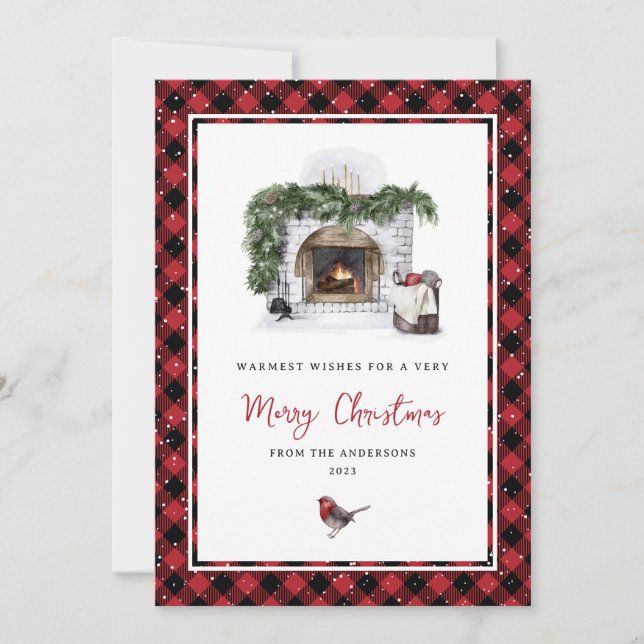 Red Plaid Watercolor Warm Wishes Christmas Cards (Front)