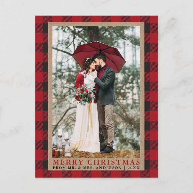 Red Plaid Wedding Photo Merry Christmas Kraft Postcard (Front)