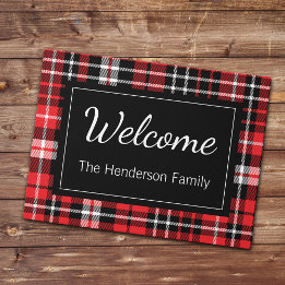 Red Plaid Welcome Monogrammed Family Name Doorma Doormat