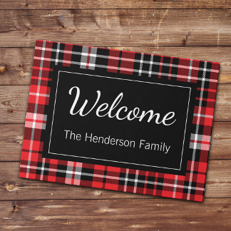 Red Plaid Welcome Monogrammed Family Name Doorma Doormat