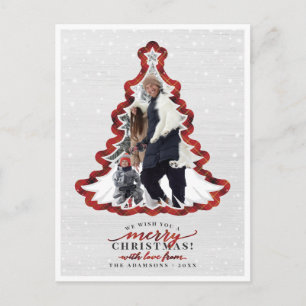 Red Plaid & White Wood Christmas Tree Frame Photo Holiday Postcard