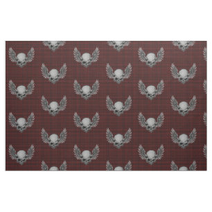 Red Plaid Winged Skulls Punk Print Fabric
