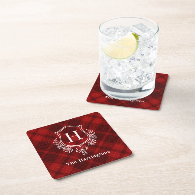 Red Plaid Winter Monogram Crest Initial Square Paper Coaster (Insitu)